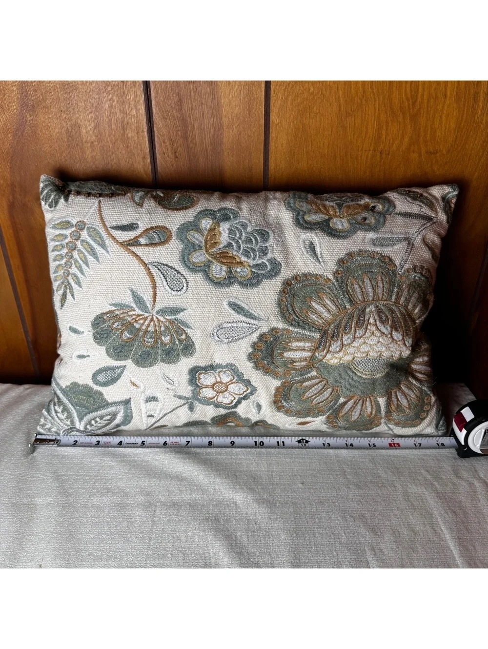 Pier 1 Embroidered Floral Lumbar Pillow Blue Green Brown 18x11 Cottage Decor